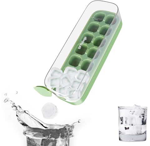 SFThings Ice Cube Tray with Lid and Bin, 14 Pcs Ice Cubes Mold for Freezer Easy Release, Qiuck Filling, No Touching, Food-Grade Silicone for Whiskey Other Drink(m-Green)
