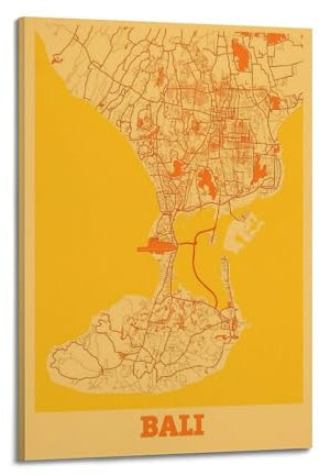 Orangefarbenes Vintage-Karten-Poster, Bali, Indonesien, dekoratives Gemälde, Leinwand, Kunstbild, 20 x 30 cm