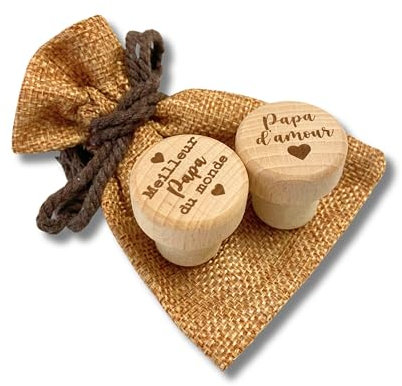 Lot de 2 Bouchons pour Bouteille de Vin Gravés - Idéal pour Papa, Papi, Parrain, Tonton - Cadeau Parfait pour Fête des Pères, Anniversaire & Plus - Design Unique en Bois de Hêtre (Papa)