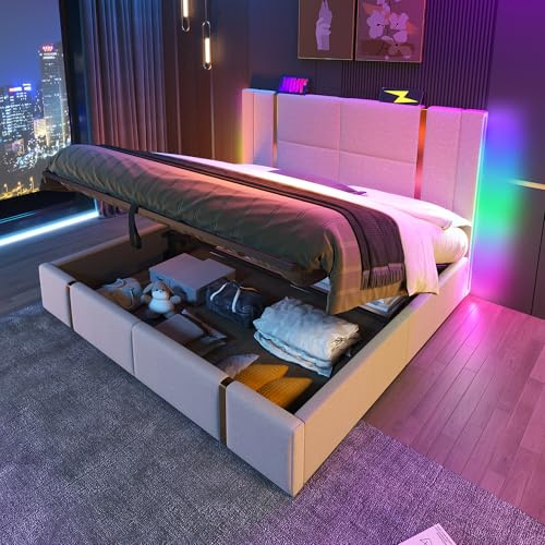 Sweiko Lit rembourré 180×200 cm, Cadre de lit avec Chargeur USB Type C, LED lit de Rangement hydraulique Cadre avec Lattes en Bois, Tissu en Lin Beige (Matelas Non Inclus)