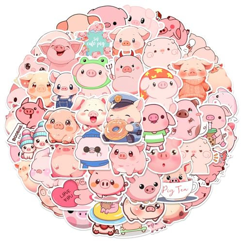50Stück Rosa Schwein Aufkleber für Kühlschrank,Laptop,Fahrrad,Gepäck,Stoßstange,Motorrad,Niedliche Tier Vinyl Aufkleber,Erwachsene Mädchen Geschenk,Cartoon Pigs Ästhetische Graffiti Sticker