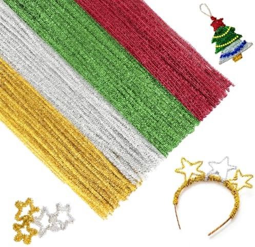 KINGLAKE Pfeifenputzer 100 Stück, Pfeiffenputzerdraht Gold+Silber+Rot+Grün, 30CM Pfeiffenputzerdraht Biegbar, Pfeifenreiniger Zum Basteln, Dekorieren, Weihnachten