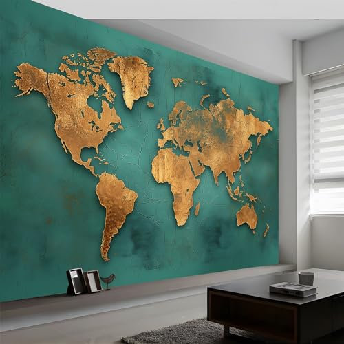 3D Panoramic Custom Wallpaper Mural, 250 x 175 cm (WxH) Wall Poster World Map Crack Bronze Photo Wallpaper 3D Effect, Cyan Wallpaper Mural - Poster Decoration for Bedroom Living Room Corridor