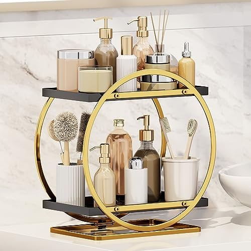 Funtabee Makeup Organiser and Storage, Perfume, Skincare Organiser, 2 Tier Cosmetics Display Tray for Bathroom Counter, Coffee Station and Condiment Rack (Black & Gold)
