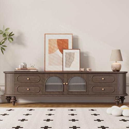 HOLGVE TV Schrank, Retro-Fernsehtisch Aus Massivholz, Medienschrank Mit Glasschranktür, Fernsehschrank Mit Stauraum, TV Board, Wohnzimmermöbel(Gray)