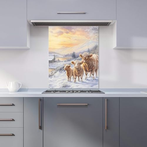 Warren Reed - Designer Premium Family Of Highland Cows Kitchen Splashback 6mm Toughened Glass Kitchen Splashback – Heat Resistant Splashback for Kitchens, Perfect for Cookers and Hobs, Polished Edges
