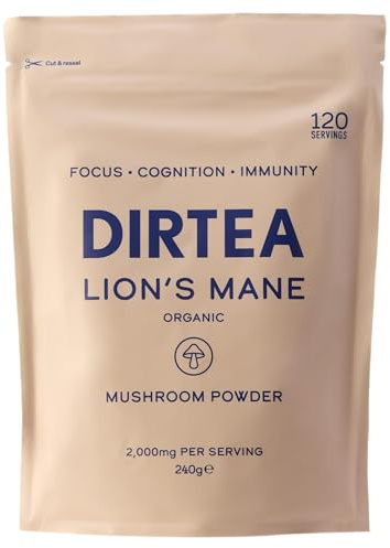 DIRTEA Lion's Mane Mushroom Powder | 2,000mg / Serving | Organic, Vegan & Non GMO | Focus, Memory & Immunity | High Strength Supplement with Zinc | 240g - 120 Servings