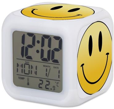 Fabulous Wecker, Würfel, beleuchtet, Weiß – Emoji, Smile, fröhlich, Happy Happy – 7,8 x 7,8 x 7,8 cm – Retro-Beleuchtung, mehrfarbig, LED