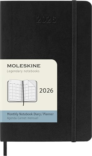 Moleskine Monthly Planner, 2026 12-Month Monthly Agenda, With Soft Cover and Elastic Closure, Pocket Size 9x14, Black Color