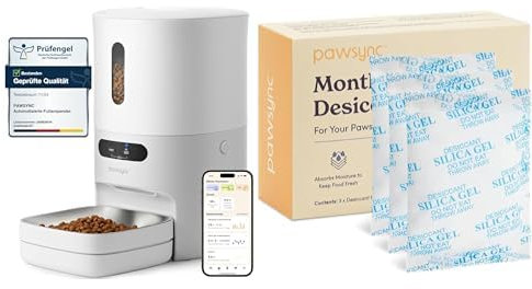Pawsync Futterautomat Katze & kleiner Hund mit App-Fernfütterung, intelligente Waagenverfolgung Haustierfutter-Trockenmittel, bis zu 3 Monate, App-Benachrichtigungen, Weiß und Blau