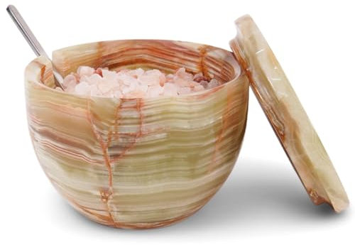 Saliera in marmo di onice verde con coperchio e cucchiaio, 7,6 x 10,2 cm, sale e pepe per cucina, porta sale con coperchio e cucchiaio