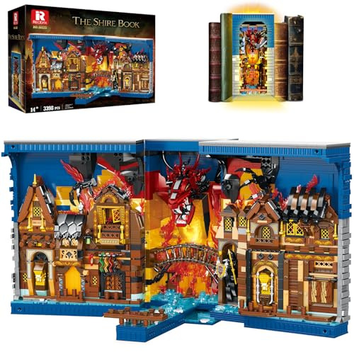 Reobrix The Shire Booknook Bausatz mit Lichtern, Kreativer Buchstützen-Bausatz 66035, Bücherregal Heimdekor, Book Nook Modellspielzeugbausatz, Geschenk für 14 Jahren und Erwachsene (3398 Teile)