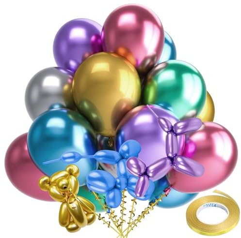 Modellierballon-Set, 60 Stück, 30,5 cm, metallische mehrfarbige Luftballons, lange Drehballons, natürlicher Chromballon, glänzende Gummiballons mit goldenem Band, Regenbogen-Latexballon für