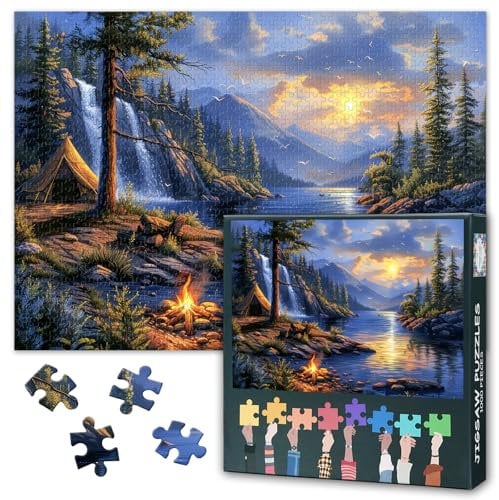 Camping Jigsaw Puzzles, Sunset Waterfall Puzzles for Adults 1000 Pieces, Impossible Hard Difficult Challenging Puzzle, Campfire Jigsaw Puzzle for Adults 20X27 INCH