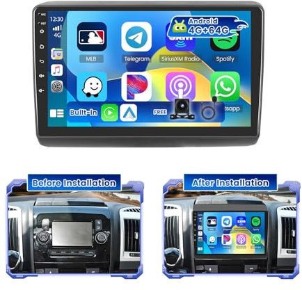 Hikity 4G+64G Android 15 Autoradio für FIAT Ducato 2010/Citroen Jumper/Peugeot Boxer mit 9-Zoll-Touchscreen, Stereo 2 DIN mit Wireless Carplay Android Auto UKW/RDS-Radio BT GPS WiFi + Kamera + MIC