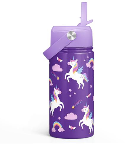 Unicorn Kids Water Bottle With Straw Lid 12oz Insulated Stainless Steel, Travel Tumbler, Unicorn Gifts For Girls, Birthday, Christmas, Back To School