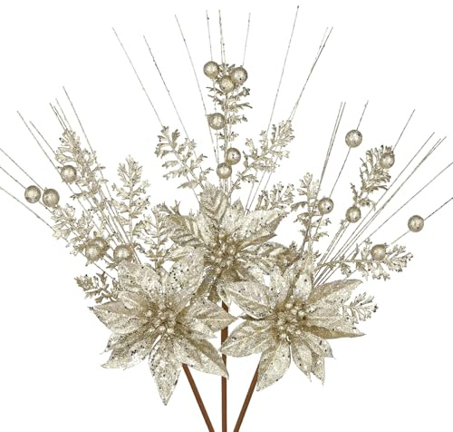 3er-Set Künstlichen Weihnachtsblumen Glitzer Kunstzweig Weihnachten Deko | Kunstzweig Weihnachten Deko für Weihnachtsbaum-DIY-Dekoration, Künstliche Blumen für Feiertage, Esstisch-Mittelstück, Sekt