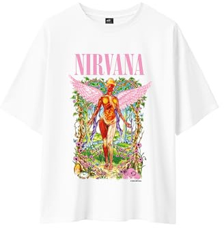 T-Shirt Oversize Femme Nirvana - Licence Officielle (FR/ES, Alpha/Lettres, L, Taille Normale, Taille Normale, Blanc)