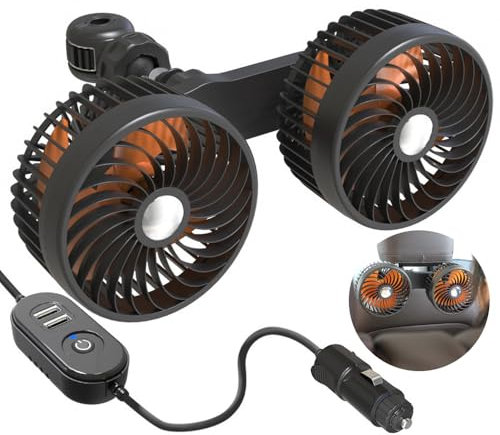 Mineup Electric Car Fan, 12V/24V Auto Car Cooling Fan, Cars Fans Dual-Head,USB Fans with 2 USB ports 3 Speeds 360° Rotatable for SUV, RV, Vehicles & Portable for Kitchen, Stroller, Black Orange