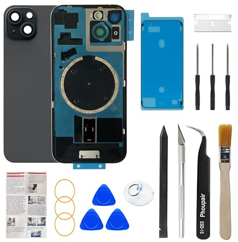 Phoupair OEM Back Glass Replacement Compatible with iPhone 15 6.1 Inches with Camera Frame and Camera Lens + Professional Repair Tool Kit and Installation Instruction (Black)