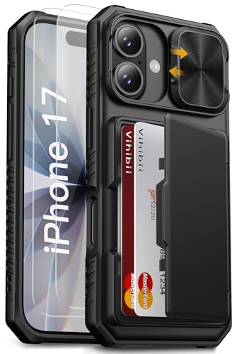 Vihibii for iPhone 17 Case with [2X Screen Protector], Black | Built-in Card Holder (4 Cards), Slide Camera Cover, Tempered Glass Films, RFID Blocking, Heavy Duty Case for iPhone 17 6.3