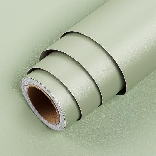 LACHEERY 60cm x 400cm Papier Peint Uni Adhesif Mural Papier Peint Vert Clair Mat Imperméable Rouleau Vinyle Adhesif Sticker pour Meuble Vert Amovible pour Chambre Enfant Mur Porte Armoire Salon