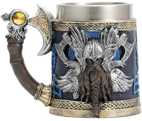 ZONSUSE Jarra de Guerrero Vikingo, Jarra de Cerveza Hacha Vikinga, Taza de Acero Inoxidable de Mitología Nórdica, Ideas Regalo para Hombres Cumpleaños Día del Padre Navidad 600 ml (Warrior)