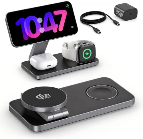 EXW 3 in 1 Wireless Charger,Qi2 Certified 25W Magnetic Wireless Foldable Fast charging station for/17/16/15/14/13/12Series, AirPods and Apple Watch(35W Adapter)