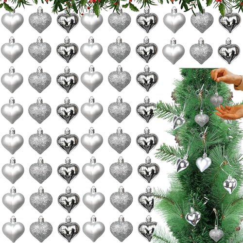 45PCs Silver Heart Baubles 4cm - Shiny, Matte & Glitter Hearts Ornament Christmas Tree Baubles, Glitter Love Heart Pendants for Christmas, New Year, Valentine Decorations