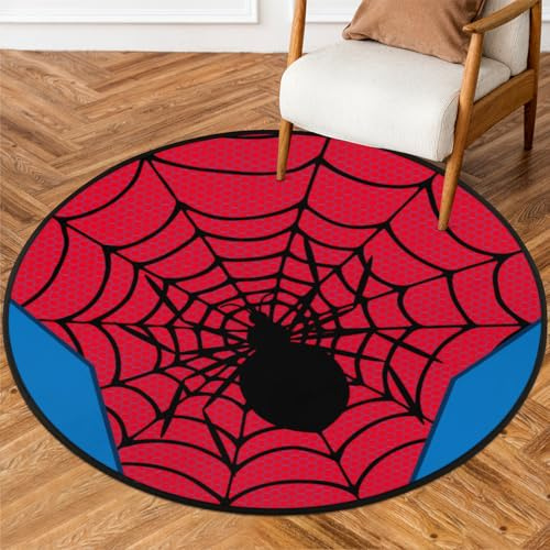 Ackutea Roter Spinnennetz-Teppich, rund, 92 cm, waschbar, Fußmatte für Jungenzimmer, Sofa, Kinderzimmer, Dekoration, rutschfester Bodenteppich, ästhetisches Comic-Dekor