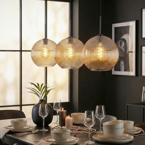HOFSTEIN Hängeleuchte Koyoto, 3-flammige Hängelampe aus Metall/Riffelglas in Schwarz/Bernsteinfarben, moderne Pendelleuchte im Retro/Vintage-Design (Schirme Ø 30cm), E27, Esszimmer, Küche, Wohnzimmer