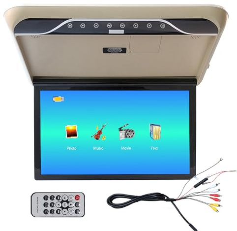 hKjPlvf 1080P 19 Zoll HD Auto Dach Monitor, Ultra-Dunner MP5 Video Player, 16-Farben LED, 160° Klappbar, AV/USB/TF/HDMI/FM Beige