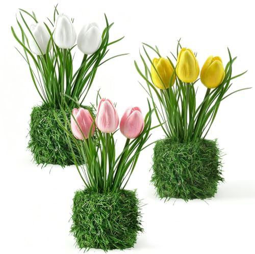 3 Bündel Künstliche Tulpen Wie Echt Im Topf - 20cm Fake Tulpen Kunstblumen Balkonblumen, Real Touch Kunsttulpen Künstliche Blumen für Draußen, Frühling Plastikblumen Für Heim Garten Terrasse Balkon