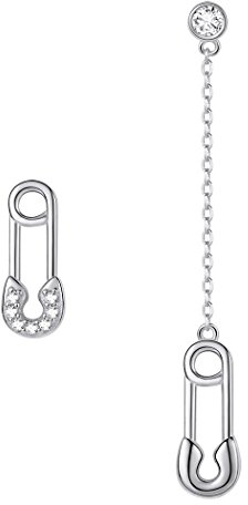 Suplight Damen Asymmetrie Ohrringe 925 Silber Sicherheitsnadel Design Ohrhänger platiniert Zirkionia Mädchen Schmuck für Valentinstag Geburtstag Muttertag(silber)