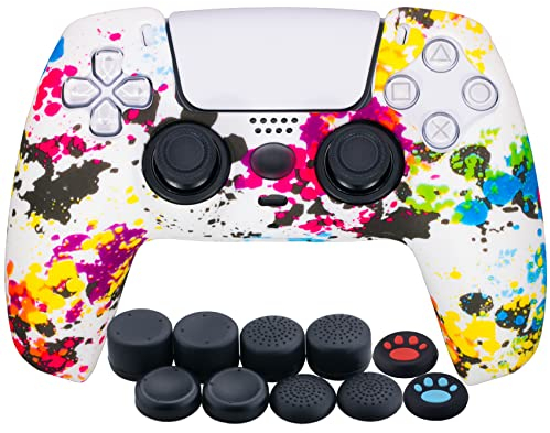 YoRHa Drucken Silikon Verdickt Hülle Skin Case (Graffiti) für PS5 Controller x 1 mit Aufsätze Kappen x 10