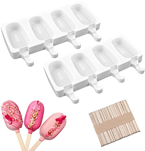 Sakolla Silikon-Formen für Eis am Stiel, oval, mit 50 Holzstäbchen für hausgemachte Cakesicles, Eiscreme, 2 Stück (weiß)