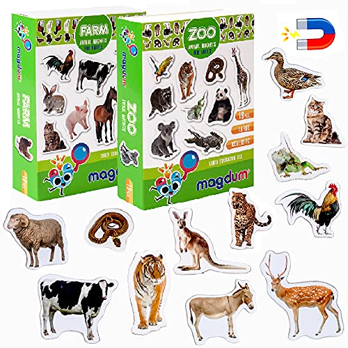 magdum 2 SETs PHOTO Farm+ ZOO Animal Fridge Magnets (35 pcs) for Kid Toddler Boy- Magnetic EDUcational language development LEARNing Magnet Toy for Kid Baby 3 Year Old- BIRTHDAY SET