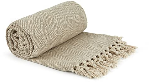 Emma Barclay Überwurf, Fischgrätenmuster, recycelte Baumwolle, Gemustert, für Stuhl, Sofa, Bett, Natur, 90 x 100 cm (228 x 254 cm)