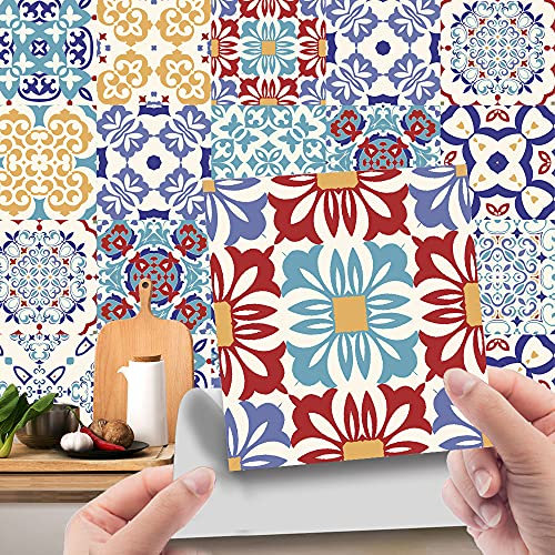 Hiseng 24 Pezzi Adesivi per Piastrelle per Mobili e Pareti, Hiser Mosaico Stile Impermeabile Adesivo da Parete Autoadesive Rotoli Carta per Cucina Bagno Casa Decorativo (Rosso & Blu,10x10cm)