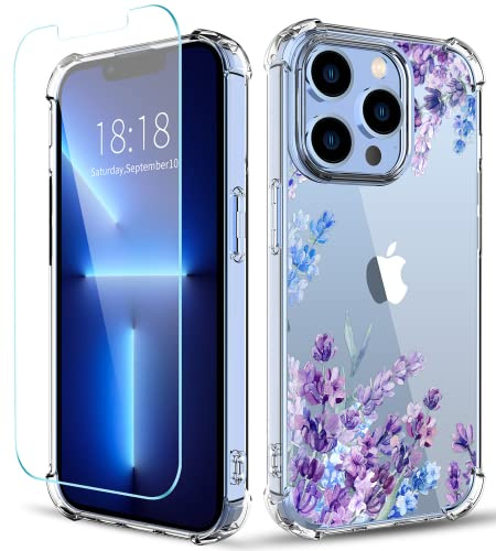 ilnehc Flower Designed for iPhone 13 Pro Max Case[with Screen Protector], Floral Clear Women Phone Case Shockproof Protective Soft TPU Bumper Cover 6.7 Inch 2021(Lavender/Purple)