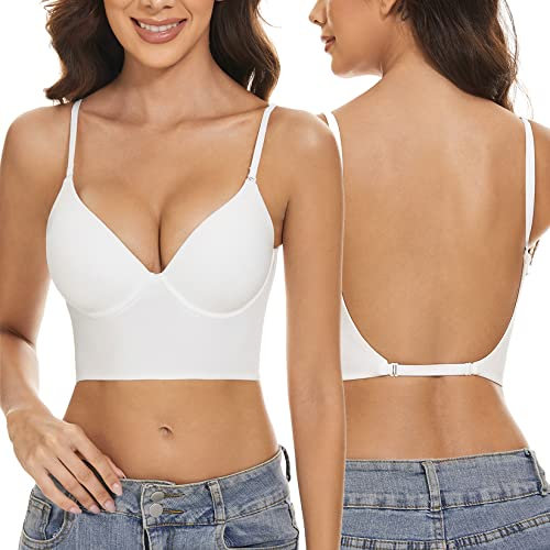 seagallery Low Back Bras for Women Push Up Deep V Neck Plunge Backless Bra Multiway Strap Convertible Bra Wire Lifting Bra White