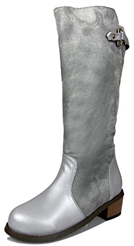 MJIASIAWA Donna Classico Punta Rotonda Knee Stivali Equitazione Pelle Lined Inverno Moda Block Tacco Medio Stivali Equitazione Grigio Numero 46 EU/48 Asiatico