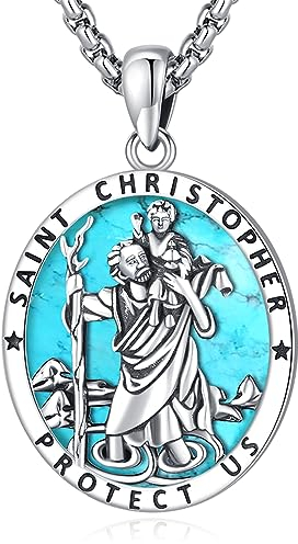 Eusense Sankt Christophorus Anhänger 925 Silber mit Türkis Sankt Christophorus Halskette Anhänger Sankt Christophorus Anhänger Kette Schmuck religiöses Amulett für Männer Frauen
