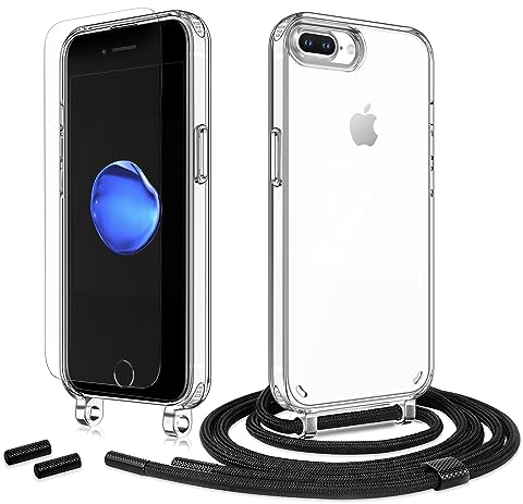 Anshow Handykette für iPhone 7 Plus / 8 Plus Hülle mit Band + 1 Schutzfolie, Robust Necklace Extrem Stoßfest Handyhülle Transparent Schutzhülle zum Umhängeband Abnehmbar, Schwarz