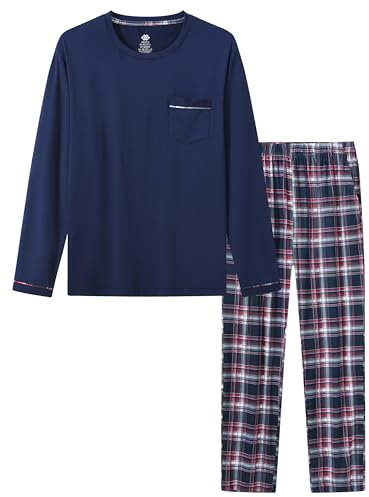 MoFiz Ensembles de Pyjama Homme Hiver Doux Chaud Vêtements De Nuit Décontractés Manche Longue Hauts de Pyjama et à Carreaux Bas de Pyjama avec Poches Bleu Marine EU XL