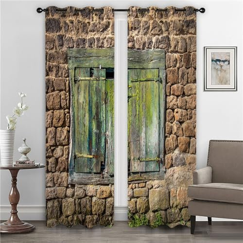 GELOUT Gardine Vorhang Vorhange Blickdicht Mit Ösen Scheunentür Aus Holz 240cm lang 270cm Breite Verdunkelung 3D Curtain Effekt Motiv Druck Wohnzimmer Schlafzimmer