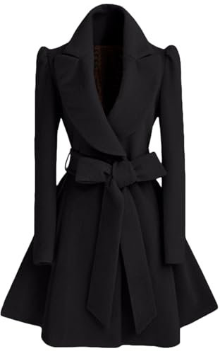 Cihdmfb Wollmantel Damen Oversize Winter Mittellanger Mantel Vintage Einfarbig Wollmantel Revers Outwear Mit Taschen Slim Fit Warm Wintermantel Dicke Warme Lang Coat Outwear mit Gürtel(J Schwarz,L)