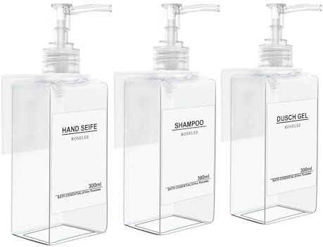 Roselee 3er Seifenspender Wandbefestigung Set, Dusche Ohne Bohren 300ml Wandmontage Transparent Shampoo Spender Mit Trichter Und Wasserdichten Etiketten für Küche Bad
