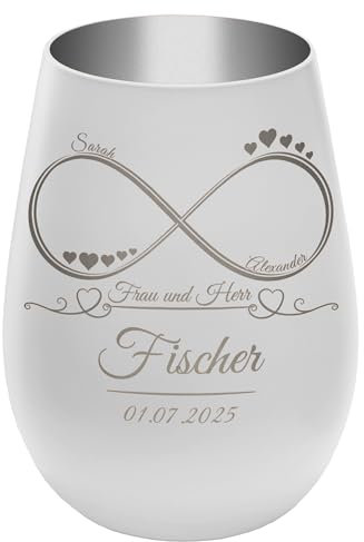 Windlicht mit Gravur ''Unendlichkeit'' - Weiß/Silber - Glas Teelichthalter personalisierbar mit Wunschtext - Geschenk zu Valentinstag Hochzeit Verlobung Jahrestag