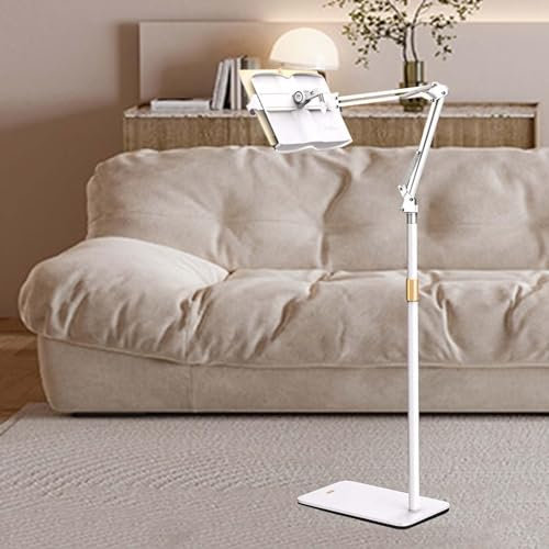 Leseständer, Buchhalter for das Bett, ergonomischer, höhen- und winkelverstellbarer Buchhalter for Lesen im Bett, mit Seitenklammern, Bodenständer for Buchständer, gebrochenes Weiß